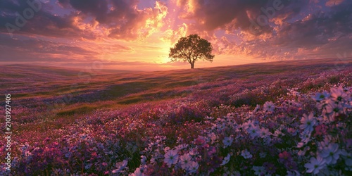 Lone tree standing in middle of sprawling vibrant wildflower meadow during golden sunset sky.