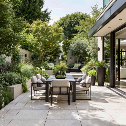 Contemporary patio garden with large stone tiles, outdoor dining set, surrounding greenery, seamless indoor-outdoor living concept