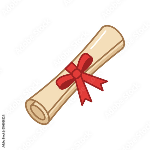 Rolled paper diploma scroll with red ribbon bow.