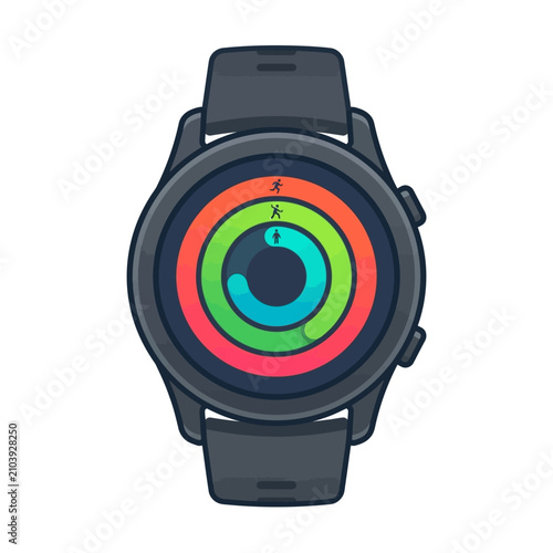 Round smartwatch interface showing colorful activity and fitness rings.