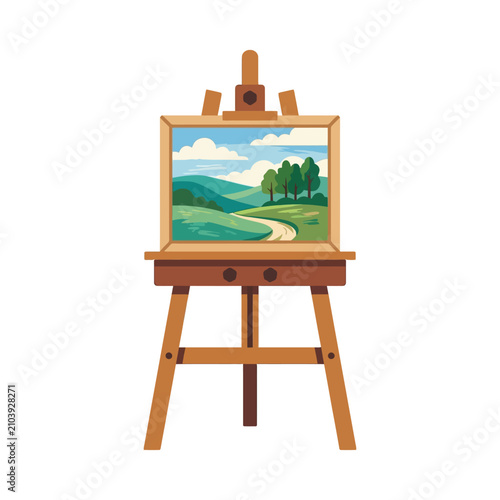 Scenic nature landscape oil painting on a wooden easel.