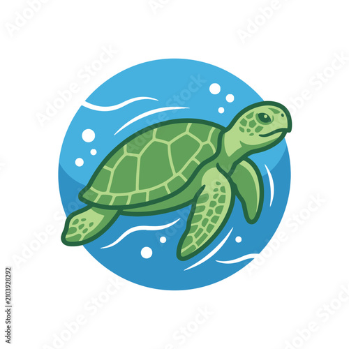 Sea turtle swimming in blue ocean circle.