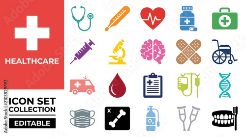 Medical and healthcare vector collection including hospital equipment, surgery tools, and emergency clinic symbols for health professional design