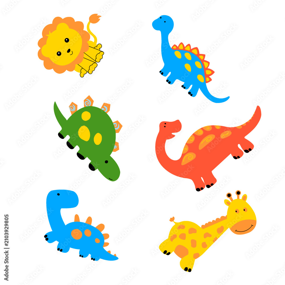 Obraz premium set of funny dino,lion,giraffe cartoon animals