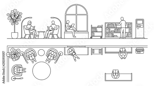 Minimalist architectural site plan showing seating arrangement, outdoor park furniture, social gathering layouts, interior office desks, top view