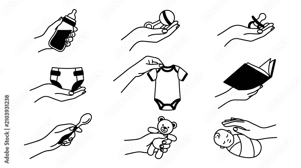 Obraz premium Collection of simple line drawings of hands holding various baby items, including a bottle, pacifier, toy, and clothes, suitable for childcare or