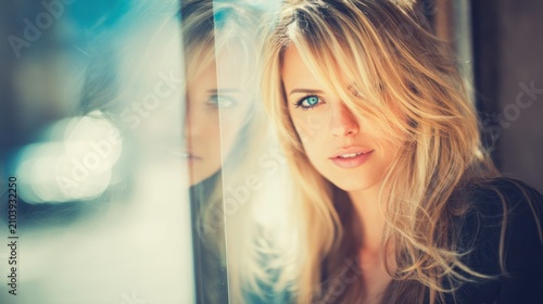 Close-up portrait of a woman with long blonde hair.