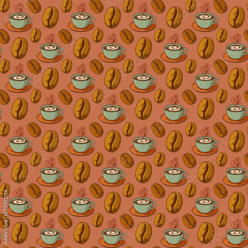 Seamless coffee cup and coffee bean pattern on terracotta with mint accents