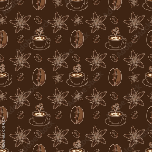 Seamless pattern with coffee cups, star anise and coffee beans on dark brown background