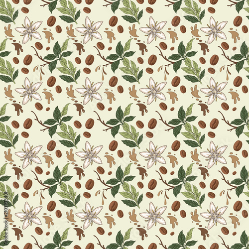 Seamless coffee flower, bean and leaf botanical pattern with coffee drips on cream background