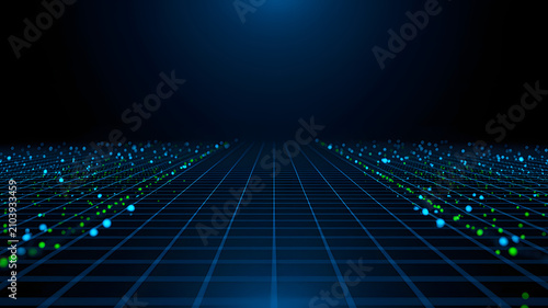 Digital grid with glowing blue and green particles receding into darkness glowing particles abstract