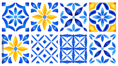 Eight watercolor tiles with blue and yellow floral and geometric patterns