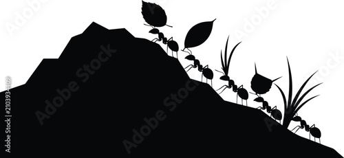Fotografía Silhouette of ants climbing mound carrying leaves symbolizing teamwork cooperati