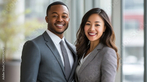 Two individuals, a man and a woman, are standing side by side in an office setting.