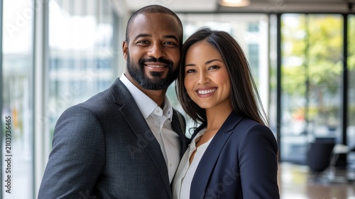 A man and a woman are standing together in a modern office setting, smiling at the camera.