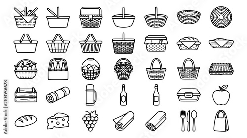 Bild auf Leinwand Picnic and Outdoor Dining Basket Icon Set with Food, Drinks, Mats, and Grocery H