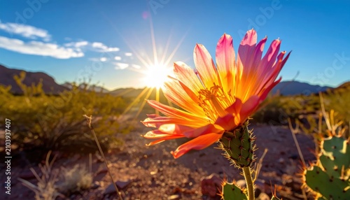 Vibrant desert flower blooming at sunrise with sunburst.