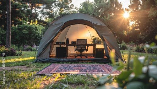 Innovative Outdoor Office Setup in a Tent.