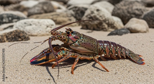 Majestic spiny lobster basking on a sandy beach with smooth rocks backdrop