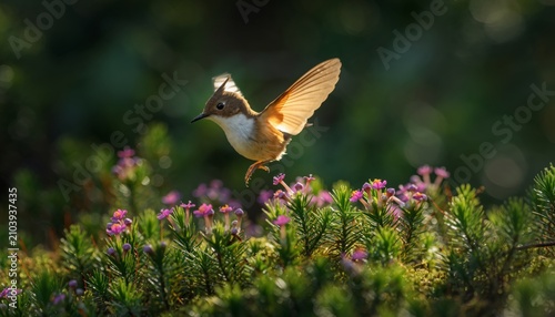 Rufous hummingbird in flight over blooming heather in natural light.