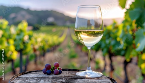 Glass of White Wine and Grapes in Vineyard at Sunset.