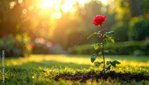 Single Red Rose Blooming in a Sunlit Garden with Golden Hour Bokeh Background and Ample Copy Space for Text