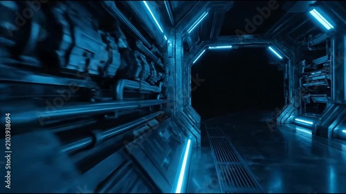 Sci-fi spaceship corridor with blue neon lighting