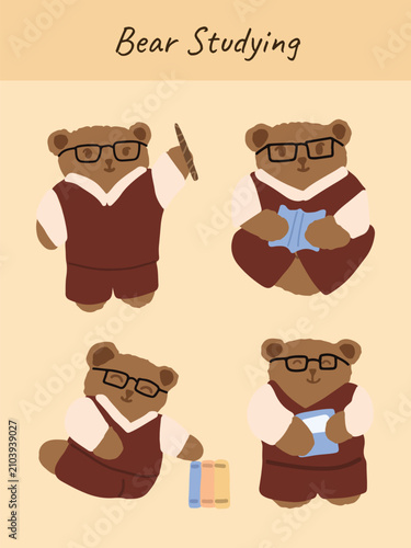 Cute Bear Book Lover Vector Set Hand Drawn Teddy Bear Character Reading, Holding and Carrying Books