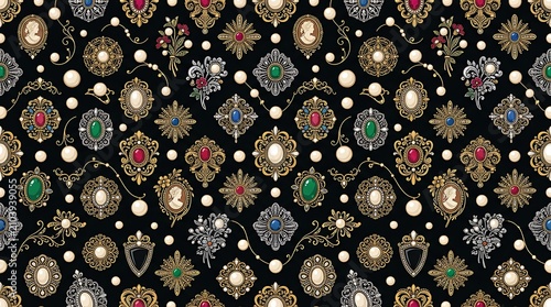 Antique jewelry seamless pattern with vintage brooches and pearls