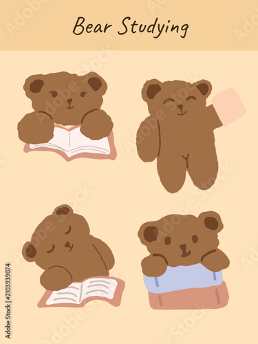 Cute Bear Reading Books Vector Set Hand Drawn Teddy Bear Book Lover Character Collection with Book Stack and Study Poses