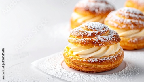 Cromboloni pastry filled with vanilla cream and dusted with sugar on a bright white background with copy space, ultra realistic bakery photography
