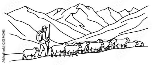 Shepherd leading flock of sheep through mountains in minimalist line drawing style