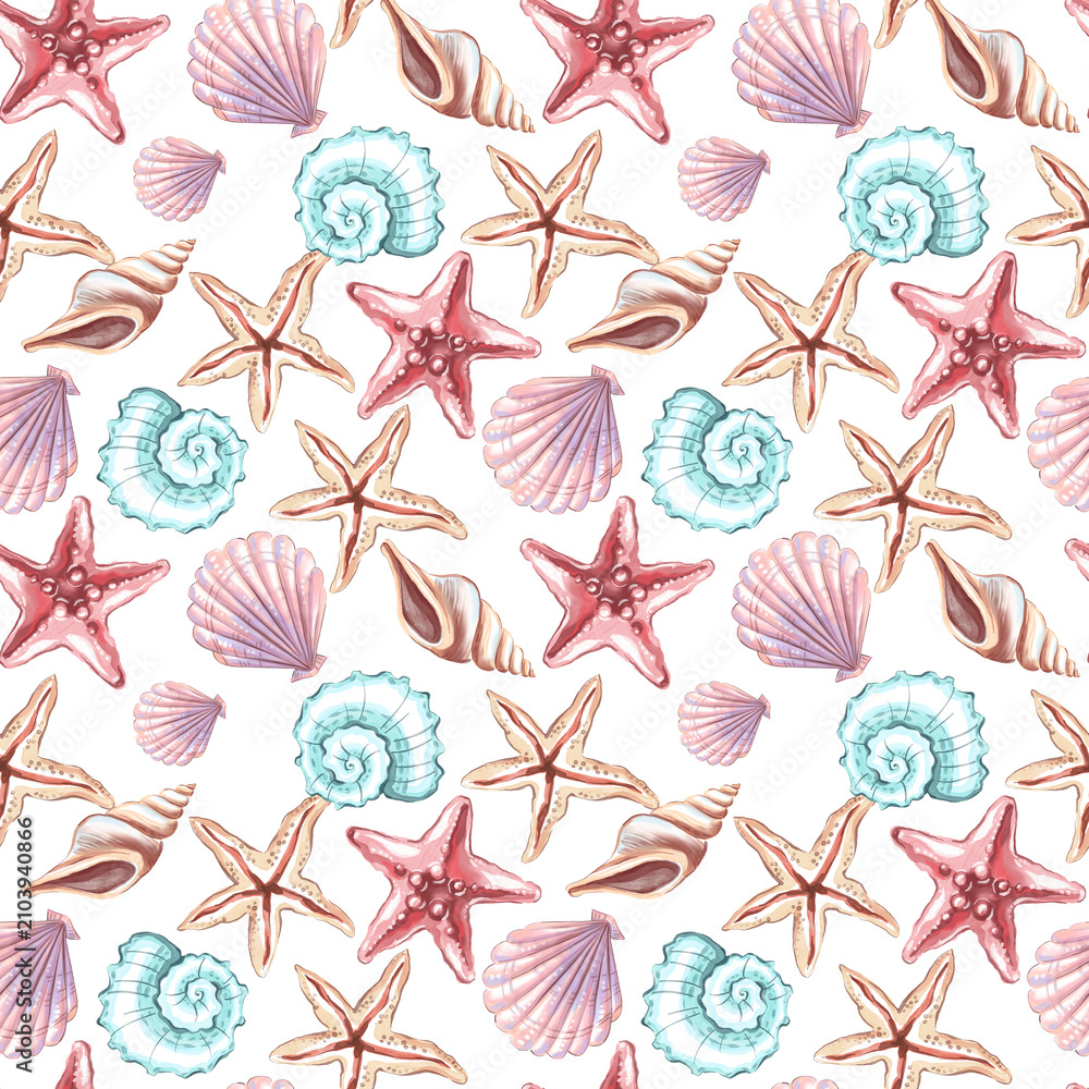Naklejka premium Seamless pattern with watercolor sea shells and starfishes