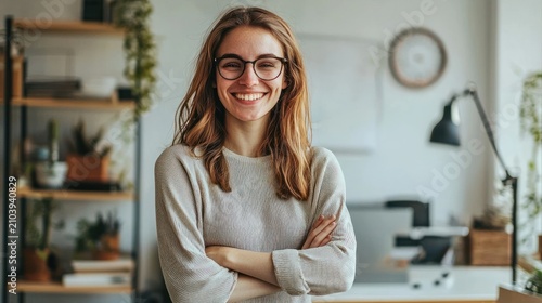 A smiling woman with glasses stands in a cozy, well-decorated office space, arms crossed,