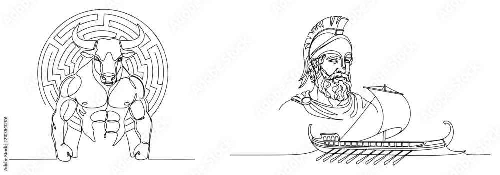 Fototapeta premium Greek mythology symbols set featuring minotaur and ancient warrior in single continuous line art style