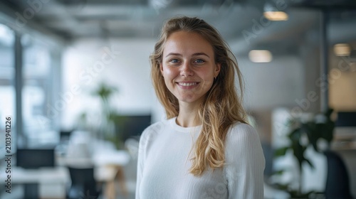 A young woman in a modern office setting, smiling at the camera.