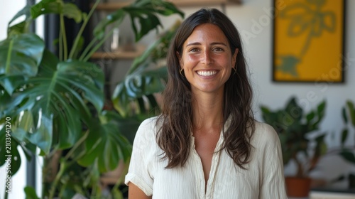 A woman stands in a cozy indoor setting, smiling at the camera.