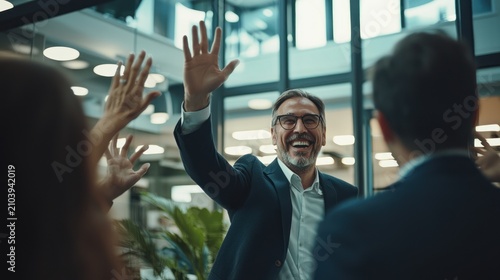 A middle-aged man in a business suit and glasses is joyfully raising his hand in a high-five gesture, surrounded by colleagues in a modern office setting.