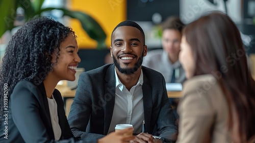 Three people are engaged in a friendly conversation at a casual meeting.