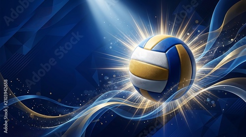 Volleyball glowing with golden light on blue abstract background