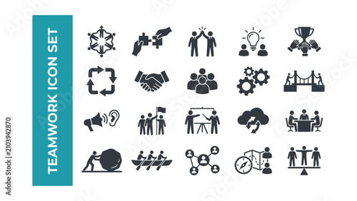 Teamwork icon set with various business collaboration symbols and graphics on white background