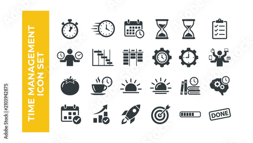 Time management icon set with various productivity symbols and clocks on white background
