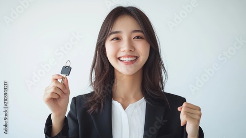 A young Asian woman in a business suit is holding a key and smiling joyfully,