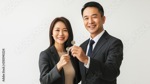 A man and a woman, both dressed in professional attire, are holding a key together.