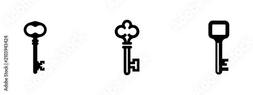 Vintage antique key vector icon set. Old ornate security and access symbol silhouette.