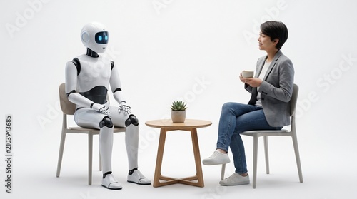 Smiling woman and humanoid robot having conversation over coffee