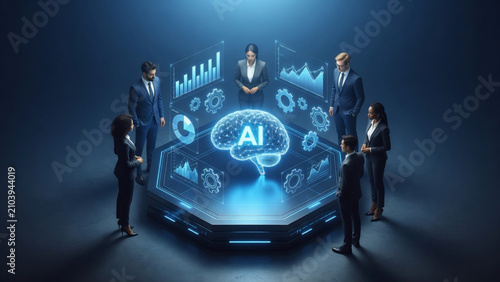 Isometric 3D illustration of business team standing around a glowing futuristic AI hologram platform with data charts and network icons, artificial intelligence collaboration and innovation concept