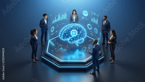 Isometric 3D illustration of business team standing around a glowing futuristic AI hologram platform with data charts and network icons, artificial intelligence collaboration and innovation concept