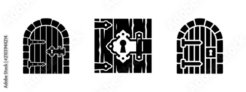 Medieval wooden castle doors with keyhole and hinges icon set