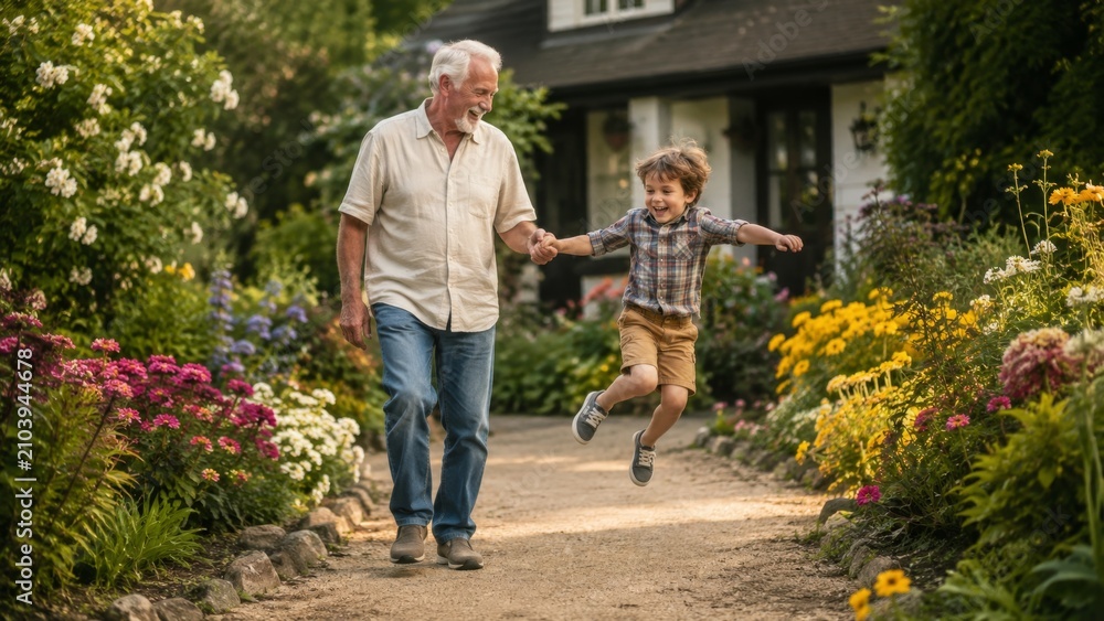 Fototapeta premium Grandfather and Grandson Running Hand in Hand Through Flower Garden